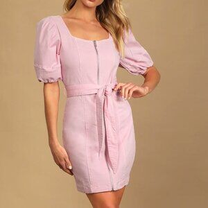 Ellinor Blush Pink Puff Sleeve Zip-Front Denim Mini Dress